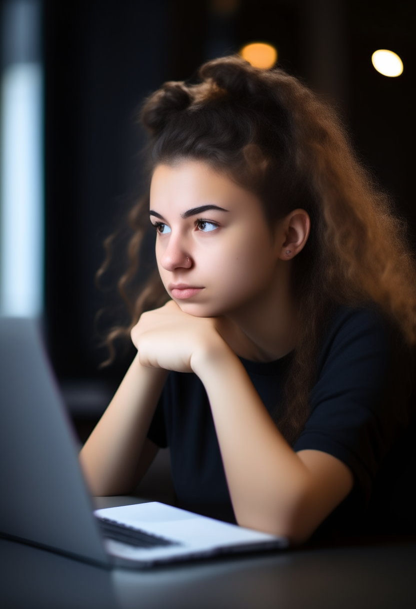 portrait of a beautiful woman in her late teens with wavy hair pulled back. She gazes thoughtfully at her laptop screen.