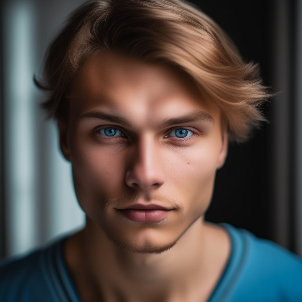 portrait of a handsome Slavic man with light brown hair, blue eyes and an athletic build