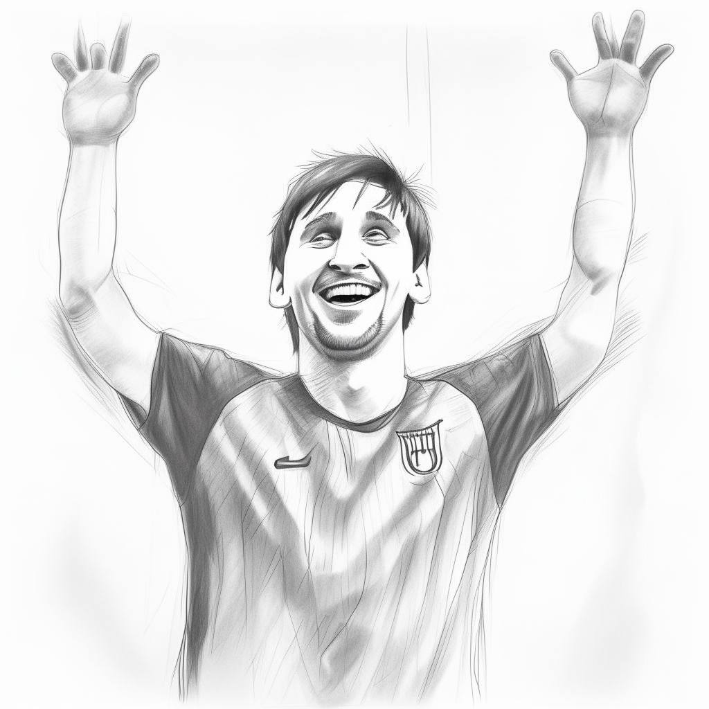 a pencil sketch portrait of Lionel Messi celebrating a goal. His arms are raised and he has a big smile. The image has an irregular shaped frame.