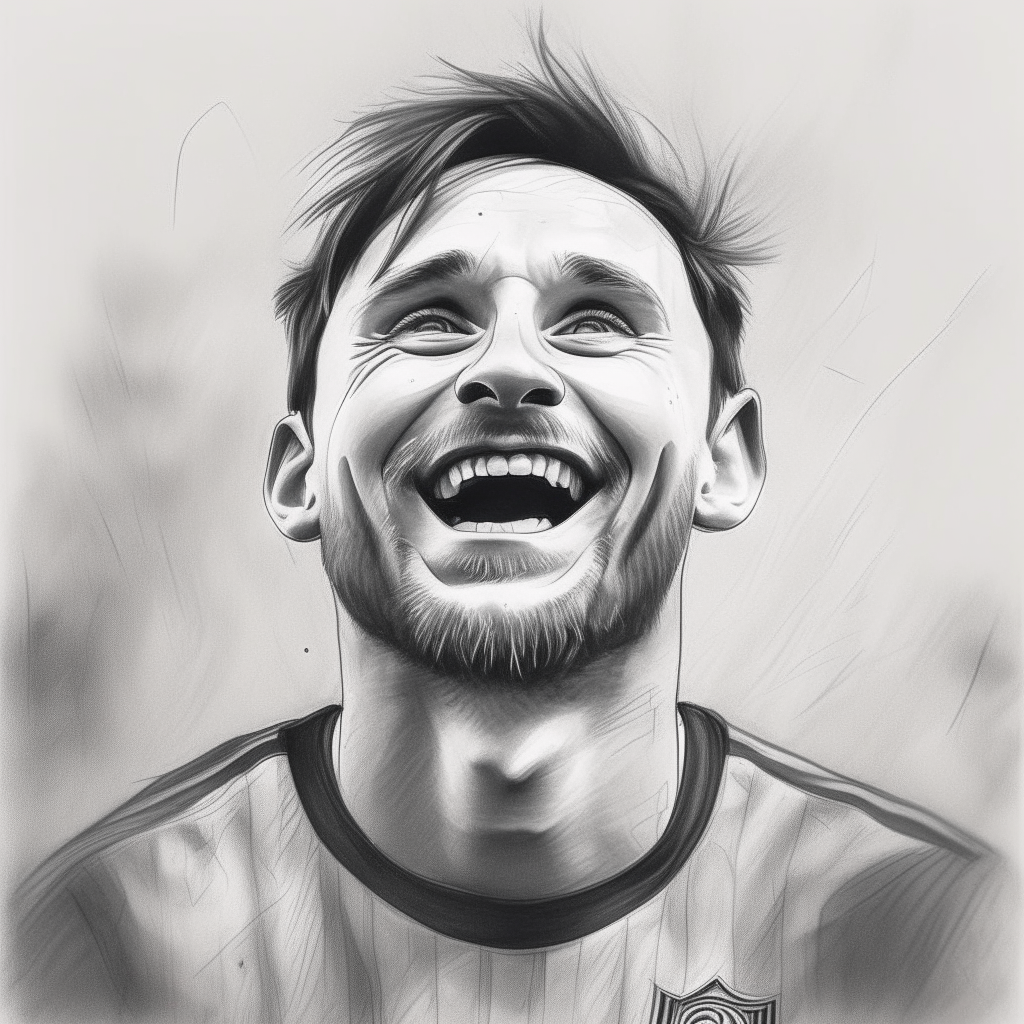 another pencil sketch portrait of Lionel Messi celebrating a goal. He is looking up with joy and pride. This image also has an irregular shaped frame.