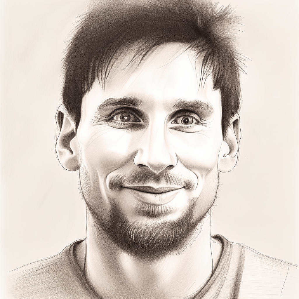 a pencil sketch portrait of Lionel Messi celebrating a goal. He has dark hair, brown eyes and distinctive facial features like his strong jawline.