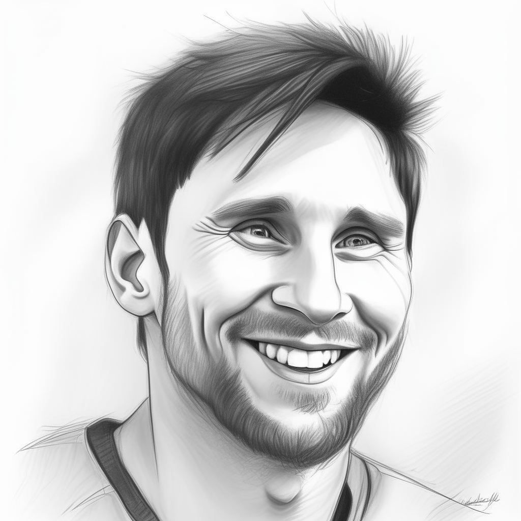 another pencil sketch portrait of Lionel Messi with a smile. He is looking to the side with joy, his hair swept back and signature unibrow visible.