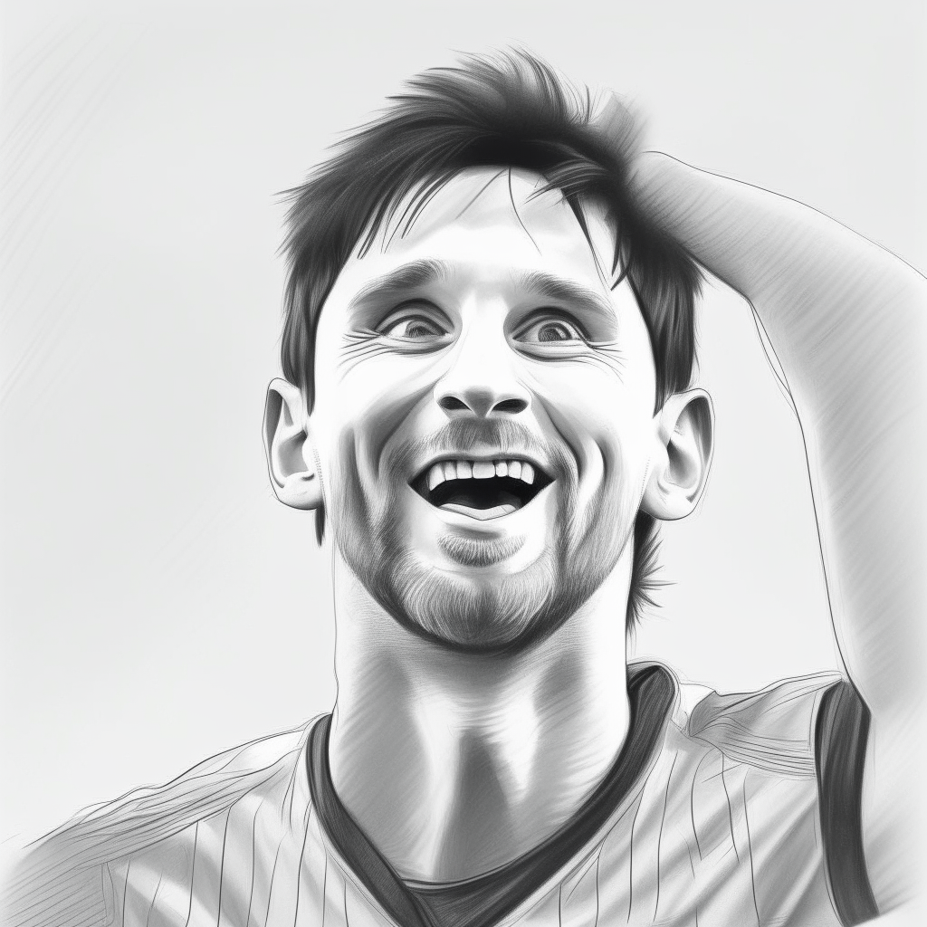 a pencil sketch portrait of Lionel Messi celebrating a goal, inspired by the style of image-4. He has thrown his head back in joy with arms raised.