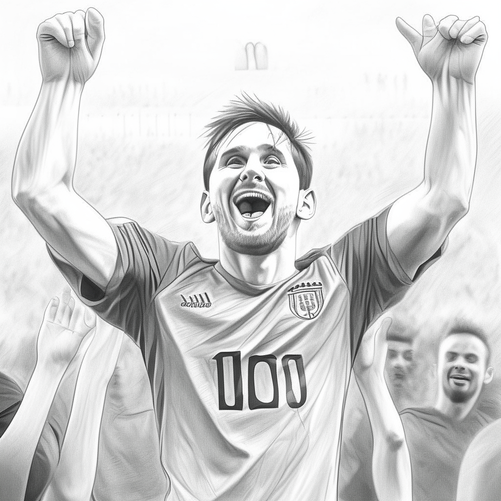 a pencil sketch portrait of Lionel Messi celebrating, with arms raised and head tilted back in joy. His teammates are cheering in the background.