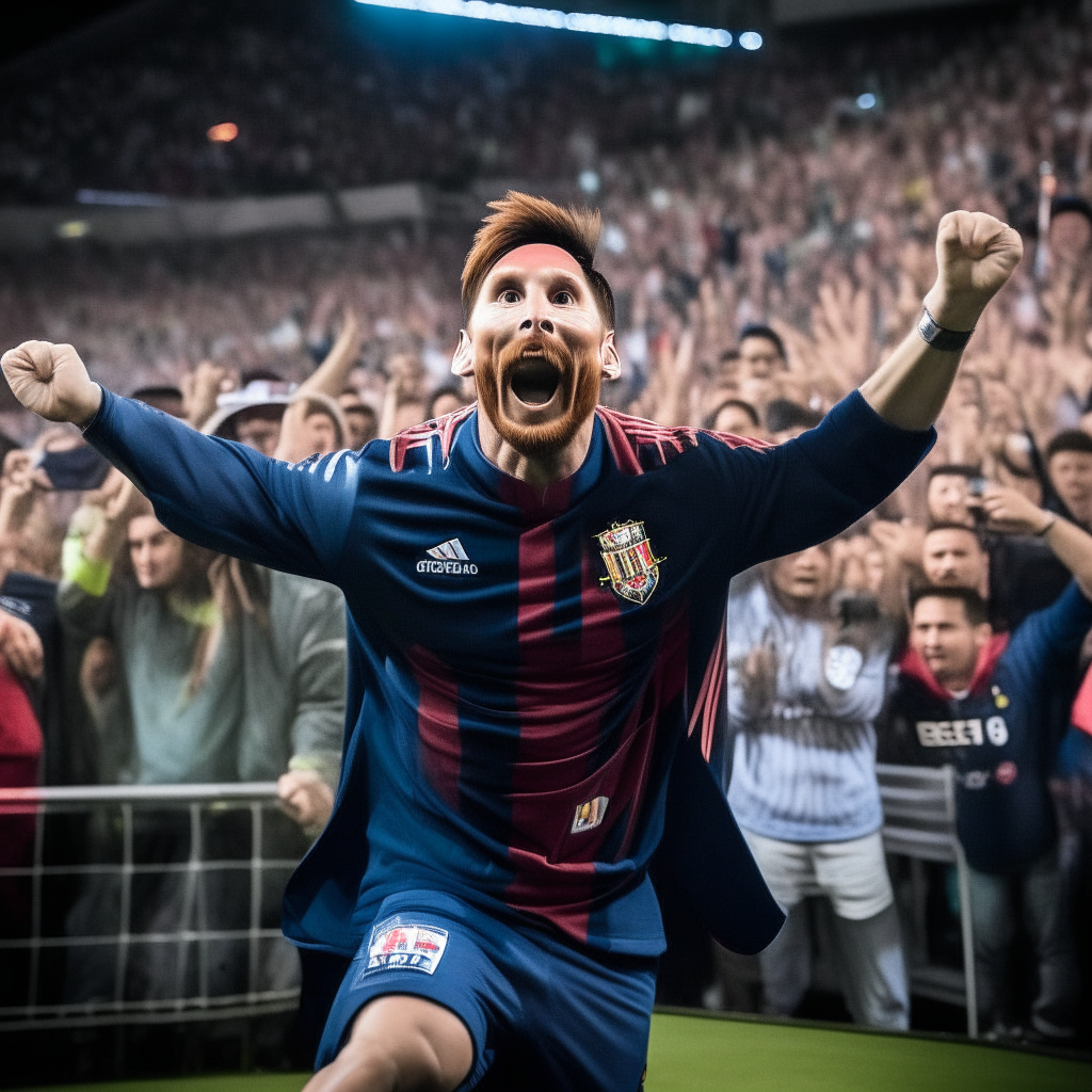 another portrait of Lionel Messi celebrating, captured in the moment as he jumps for joy after scoring. Nearby fans are shown celebrating in the stands.