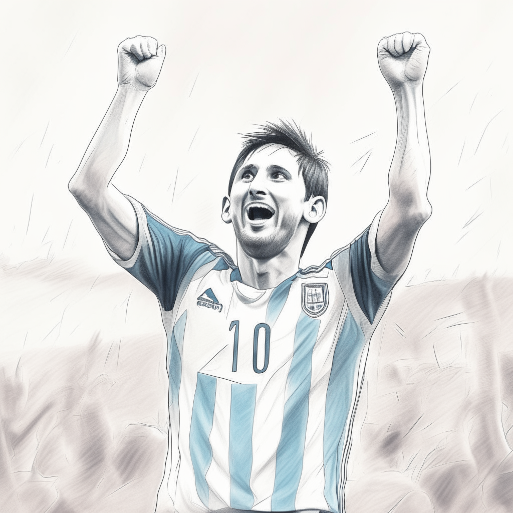 a pencil sketch portrait of Lionel Messi celebrating a goal, wearing the light blue and white stripes of the Argentina jersey. His arms are raised in joy.