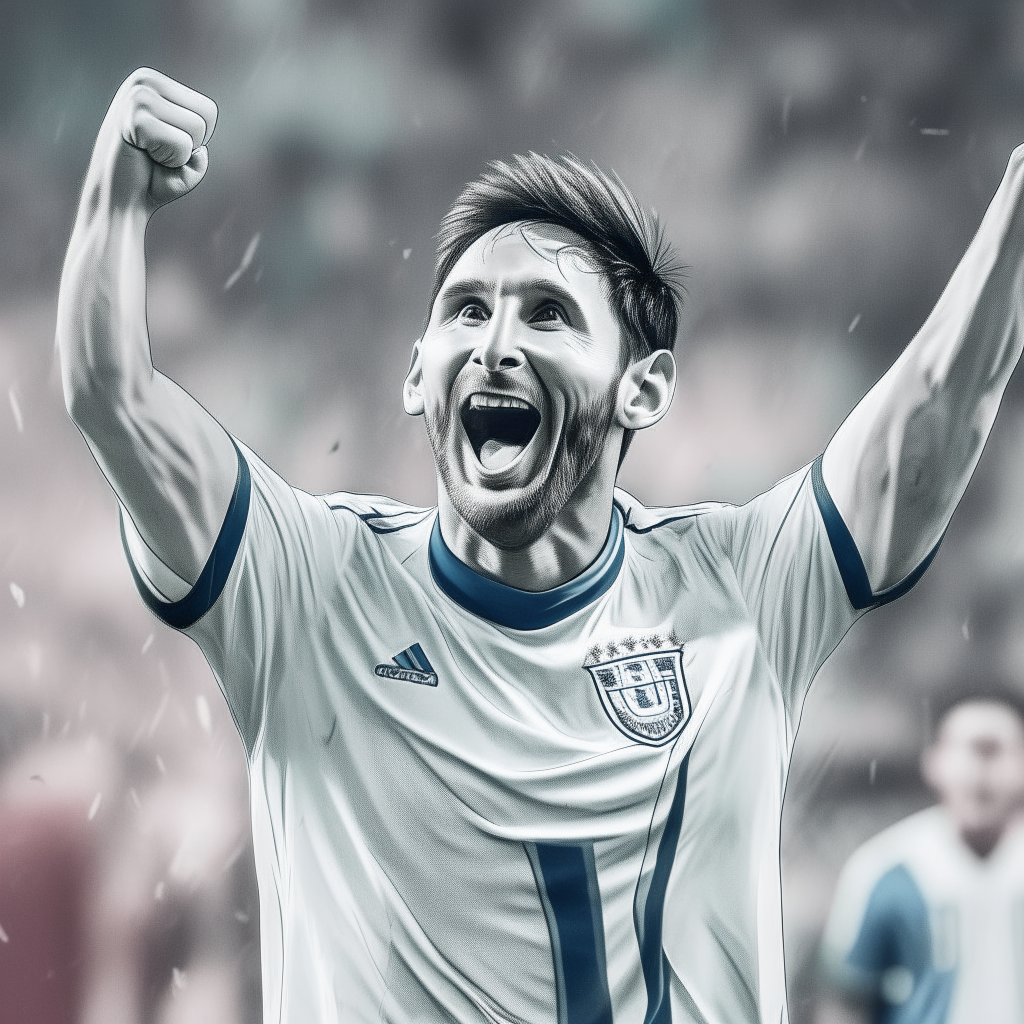 another portrait of Lionel Messi celebrating, this time from a three-quarter view. He wears the Argentina jersey proudly as he jumps with excitement.