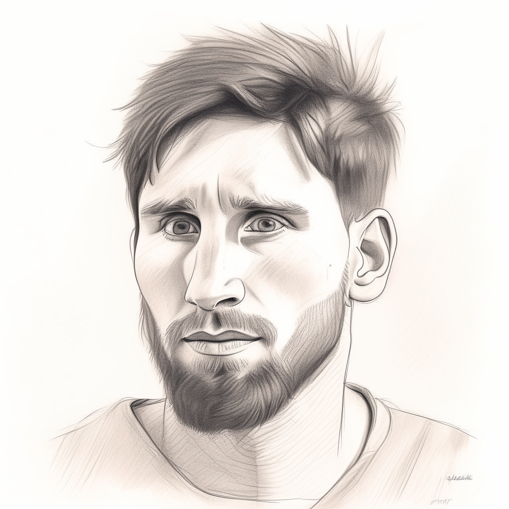 a portrait of Lionel Messi in pencil sketch style. He has a thoughtful expression and his hair swept to one side.