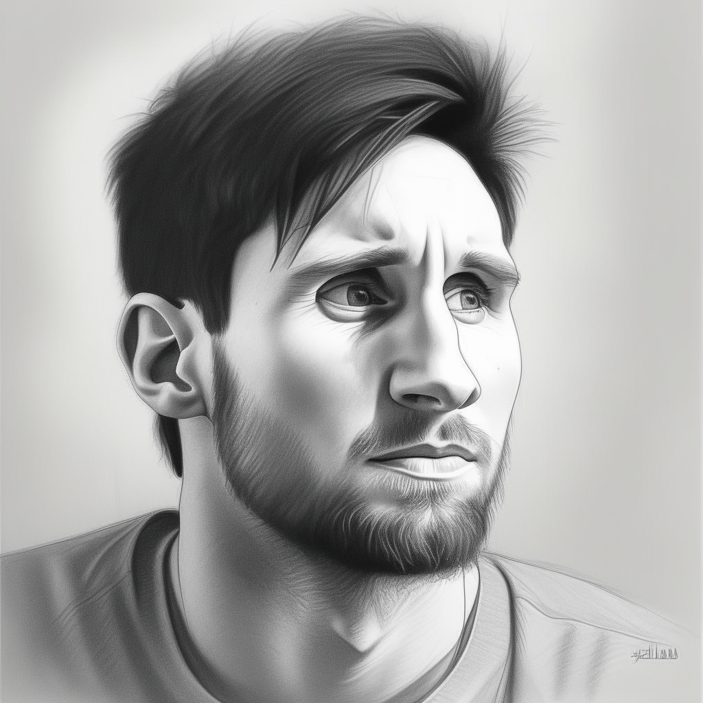 another portrait of Lionel Messi in pencil sketch. His features are defined and he gazes off into the distance.