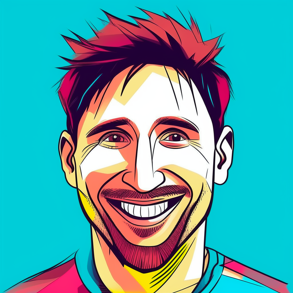 a cartoon comic portrait of Lionel Messi smiling. He has exaggerated features and is drawn in bright colors against a plain background.