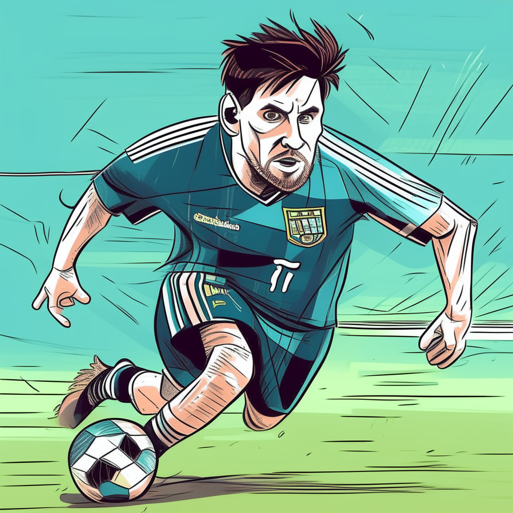 another cartoon comic portrait of Lionel Messi in action on the soccer field. He is drawn in an animated style with emphasis on movement and expression.