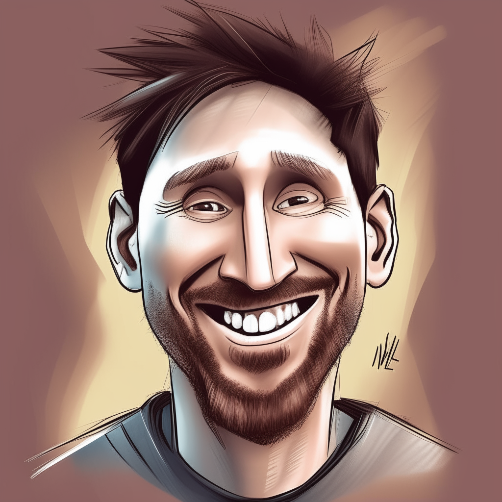 a caricature portrait of Lionel Messi smiling widely. His facial features are exaggerated for comedic effect.