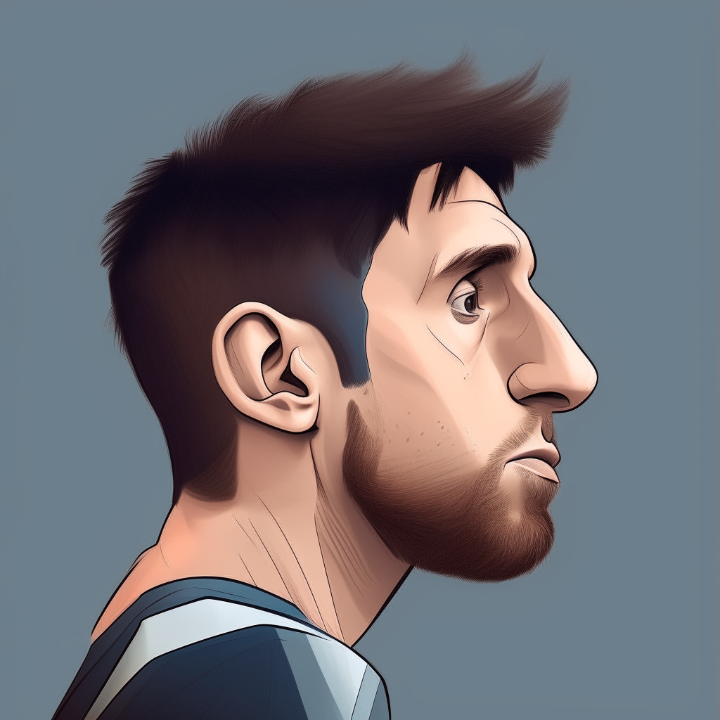 another caricature portrait showing Messi from the side in an animated pose. His body shape and proportions are intentionally distorted.