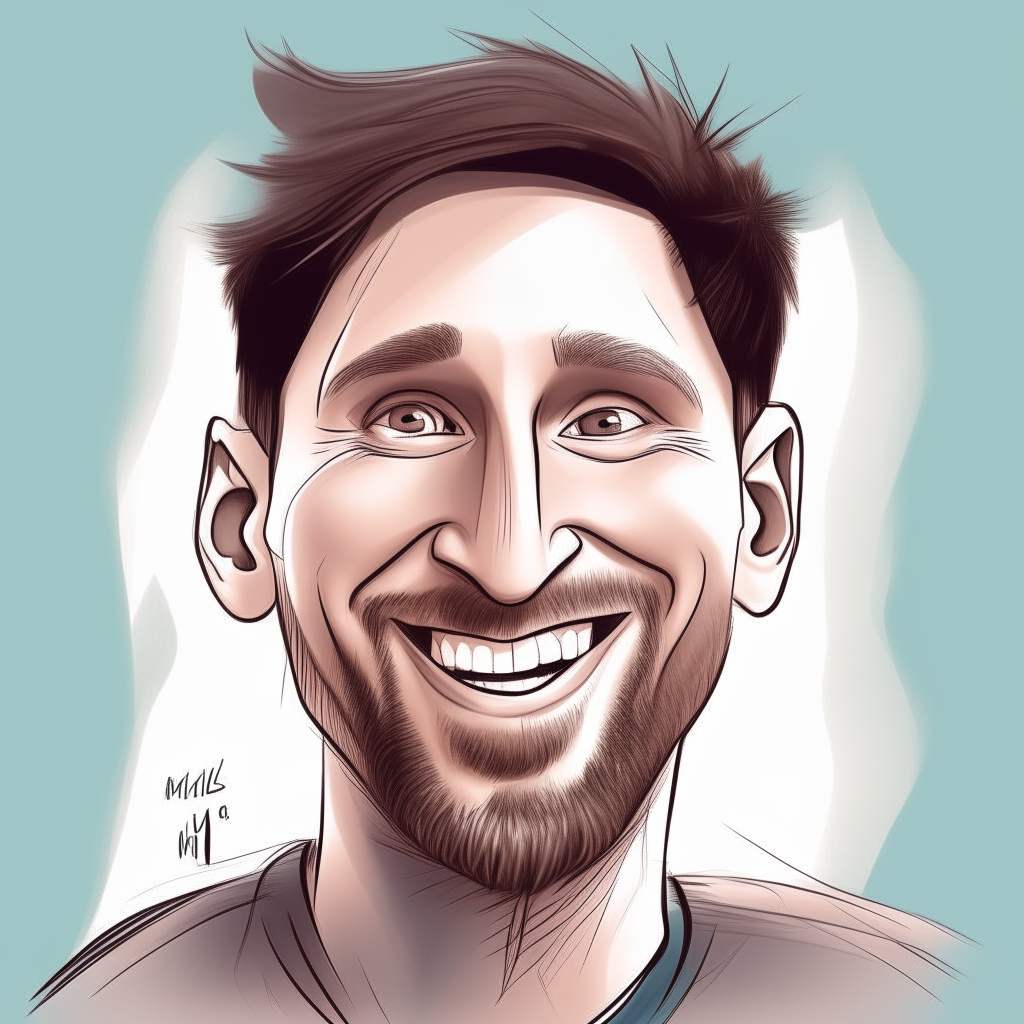 a caricature portrait of Lionel Messi smiling widely, without a background or signature