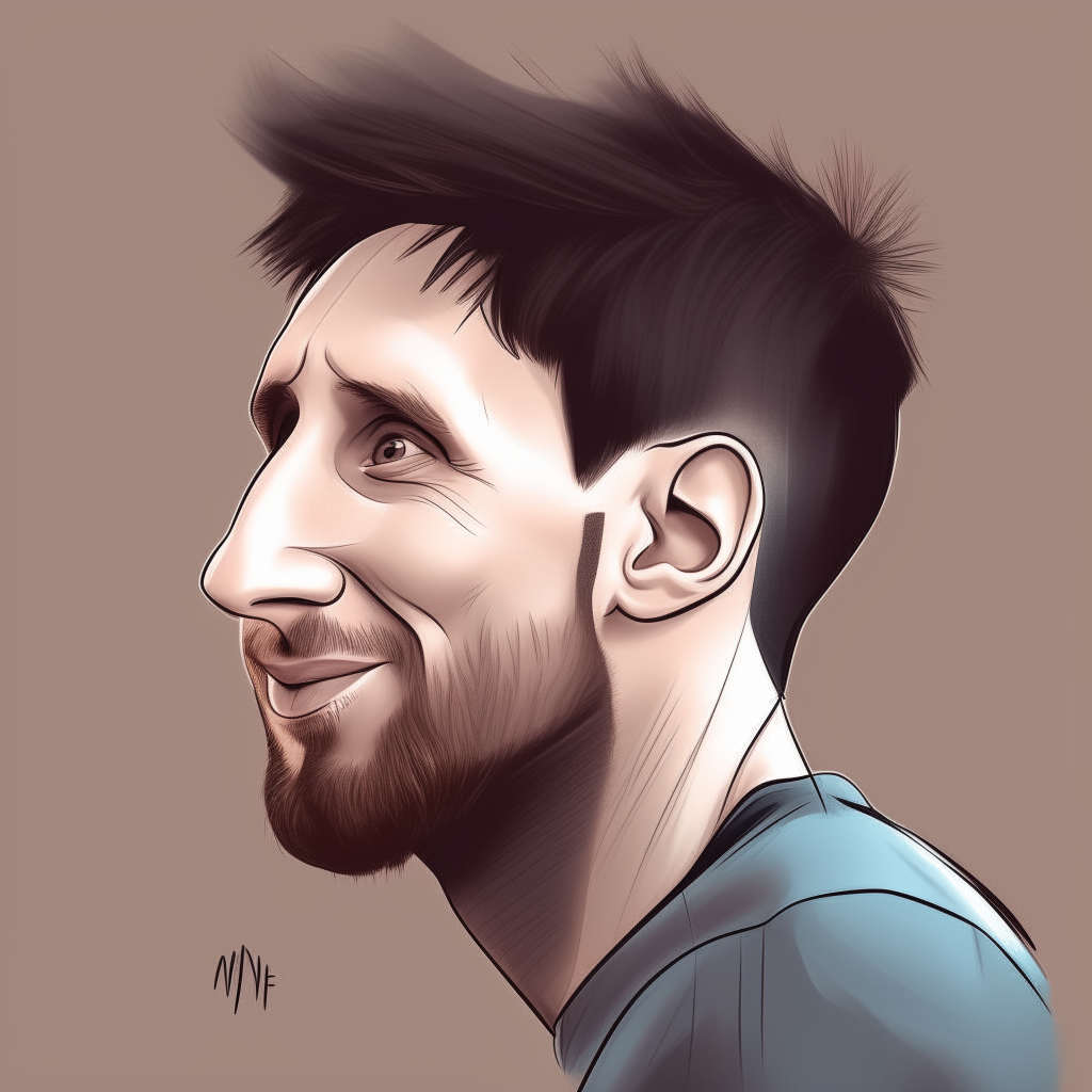 another caricature portrait of Lionel Messi from the side in an animated pose, without a background or signature