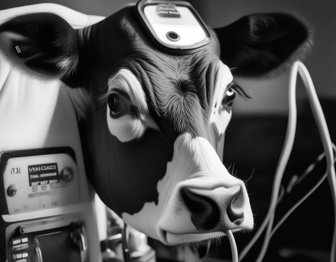 a cow hooked up to a lie detector with a glass of milk