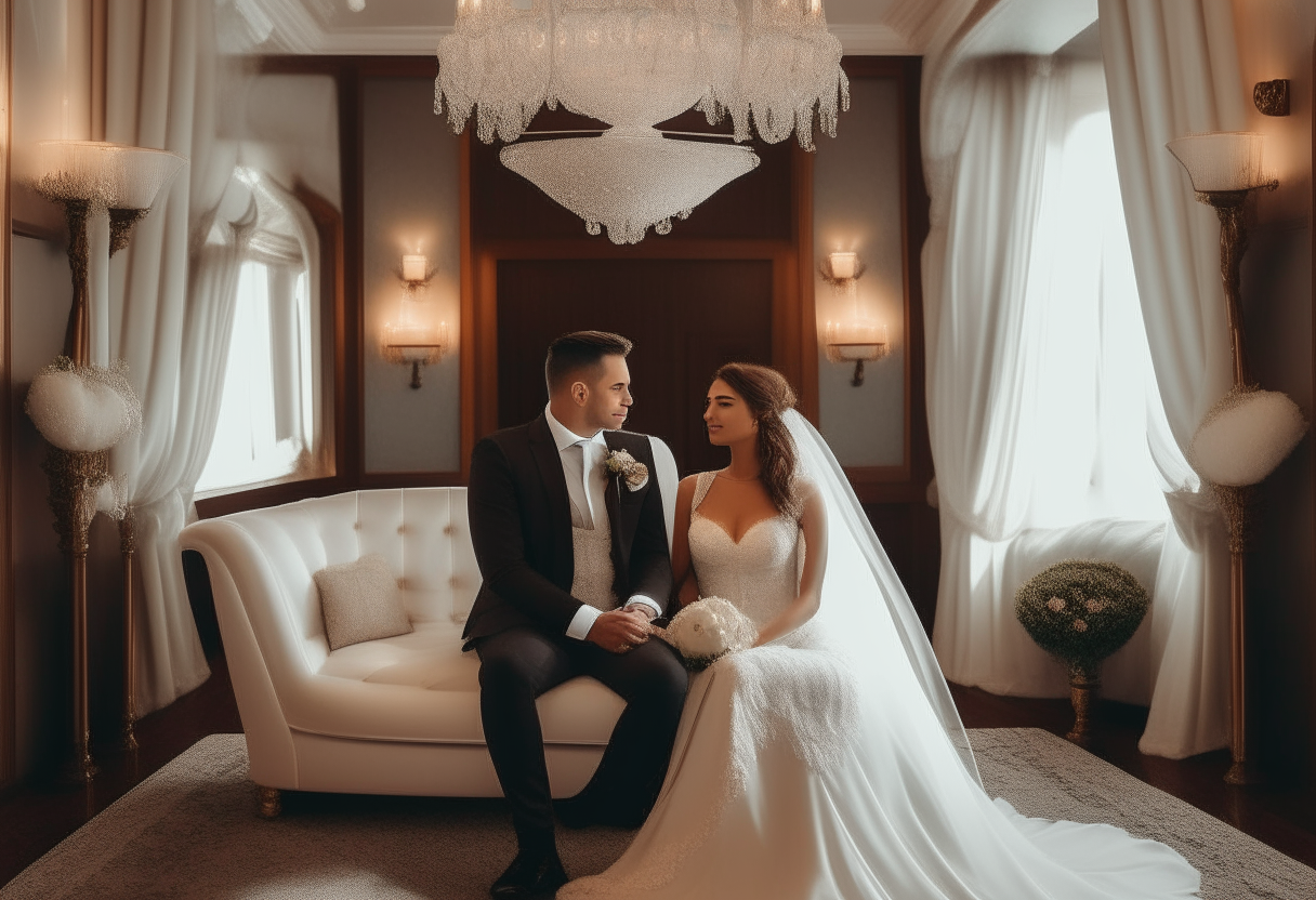 A couple in a lux bridal chamber 