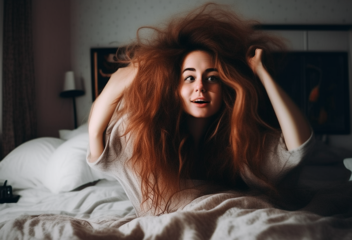 A girl playing with it’s her hair in bed 