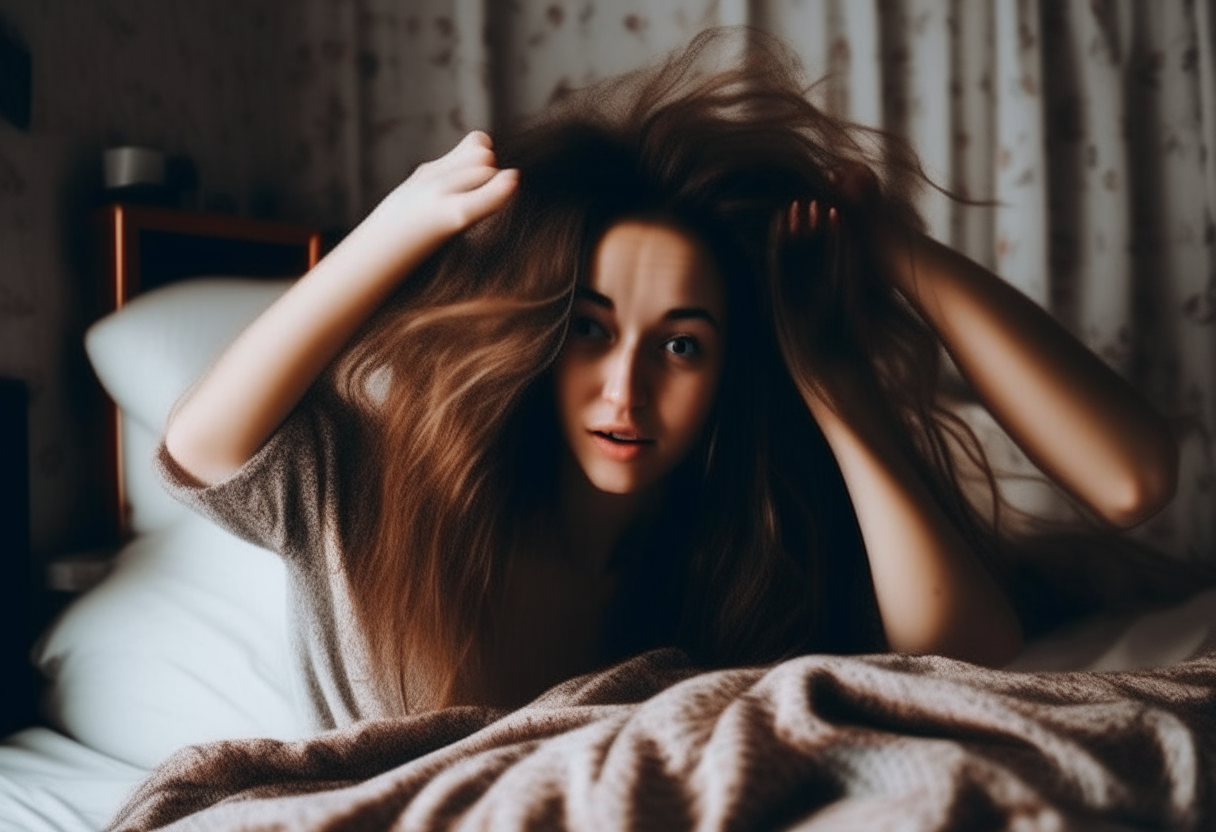 A girl playing with her  her hair in bed 