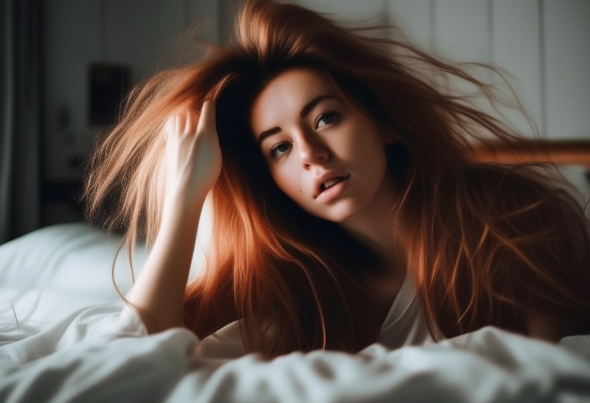 A girl playing with her  hair in bed sexily 