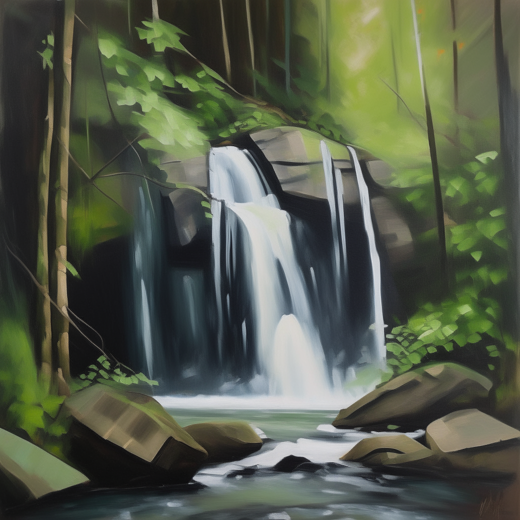 an abstract oil painting of a waterfall in a forest