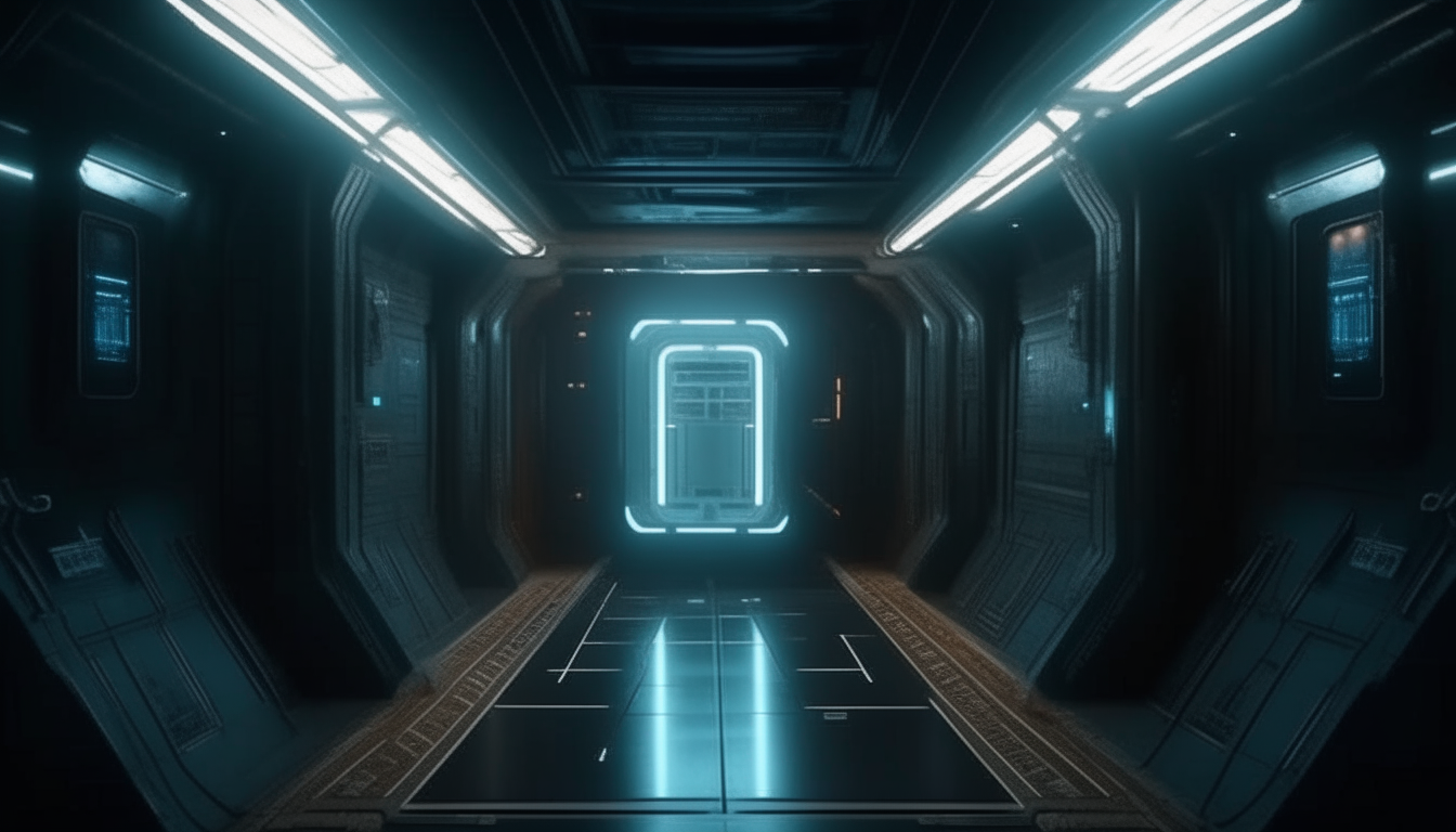 inside an alien spacecraft, doors either side of a dimly lit corridor, alien holographic text illuminates the walls, 16:9 aspect ratio, super high level of detail, 4k quality, dark sci-fi fantasy style