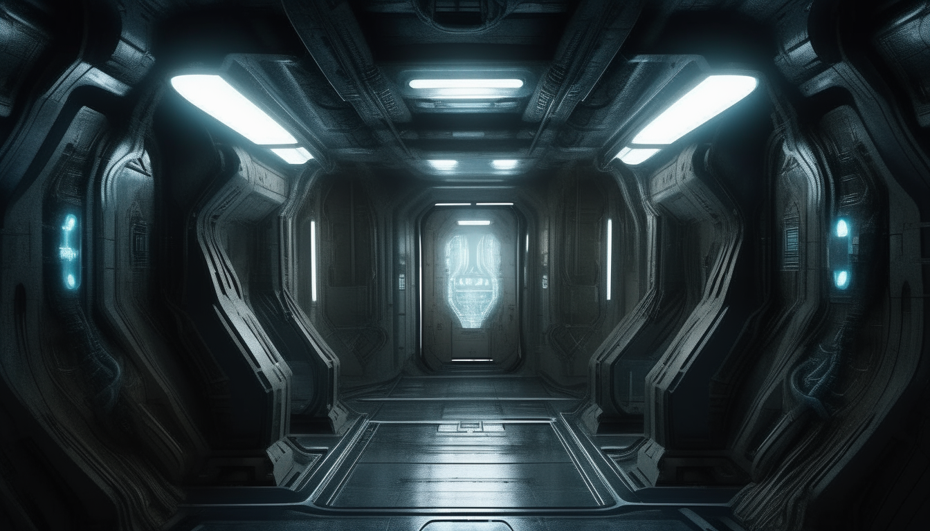 inside an alien spacecraft, doors either side of a dimly lit corridor, alien holographic text illuminates the walls, 16:9 aspect ratio, super high level of detail, 4k quality, dark sci-fi fantasy style, H.R. Giger biomechanical style