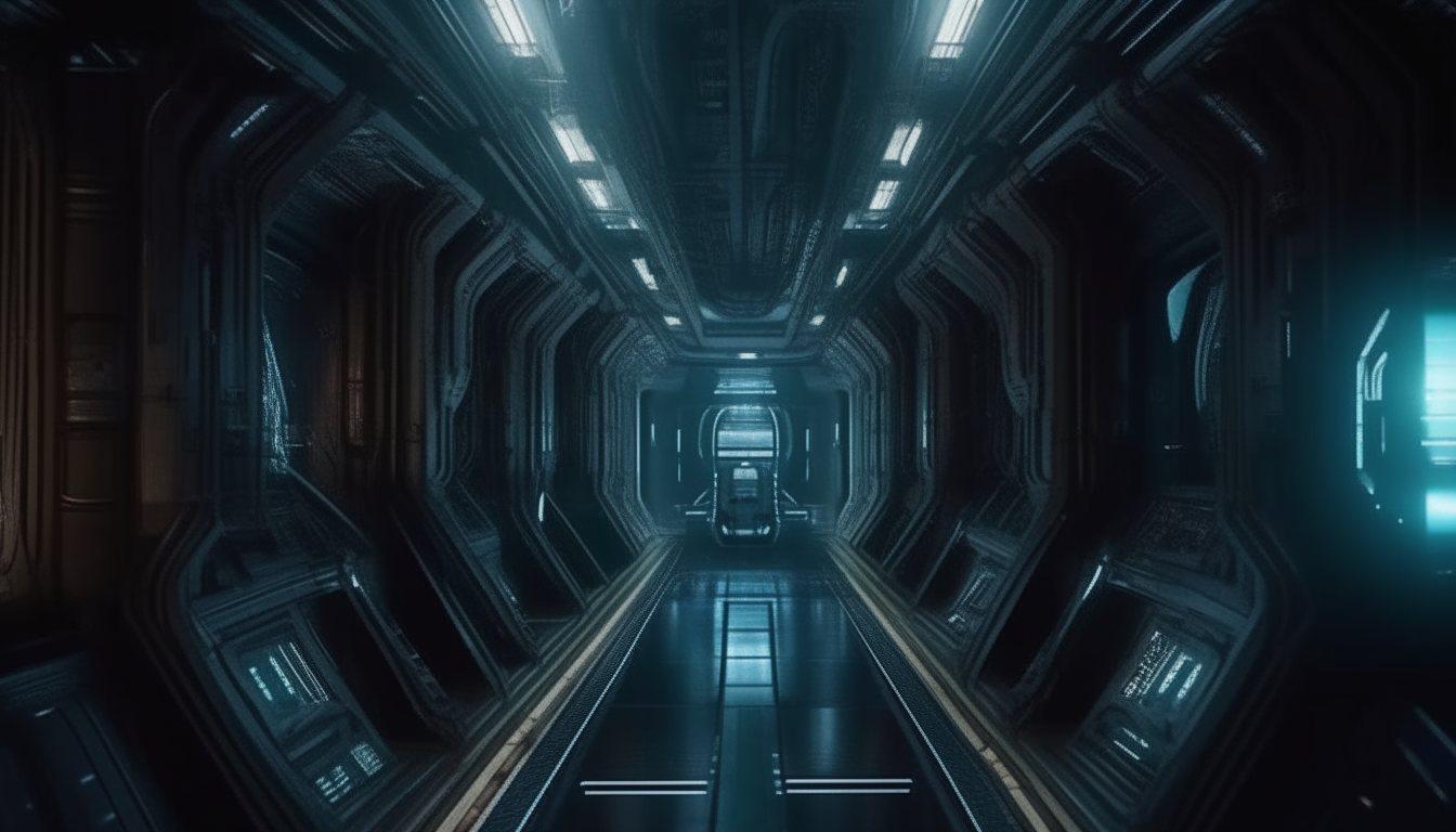 heading down the eternal corridor inside an alien spacecraft, with biomechanical living alien pulsating walls, illuminated by holographic alien signs, 16:9 aspect ratio, super high level of intricate details, 4K quality, dark sci-fi fantasy style