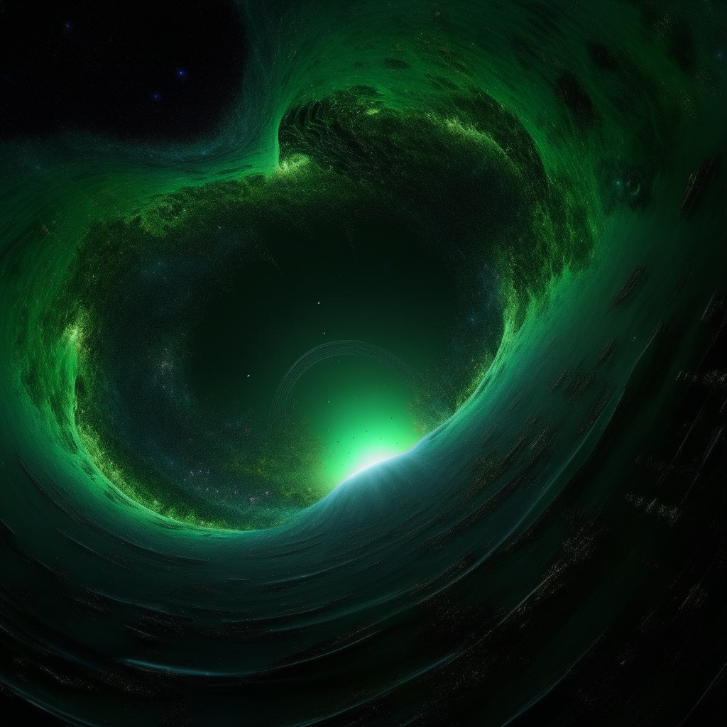 In the realm of hyperrealistic artistry, behold the astonishing view from the edge of our universe, now presented in breathtaking 8K resolution with an immersive neon green and black color palette. The cosmic expanse unfolds before you, a canvas of mind-bending beauty and infinite fractal intricacies.

The black hole, at the center of this cosmic panorama, is a titanic force, its swirling vortex rendered in mesmerizing detail. Its event horizon shimmers with an eerie green glow, casting an otherworldly luminescence across the cosmic stage.

Stars and galaxies, distorted by the black hole's gravitational lensing, spiral in kaleidoscopic patterns. The cosmic ballet is accentuated by infinite fractals that dance and twist through the fabric of space, their recursive patterns extending into infinity.

At the boundary of our universe, a fleet of UFEs hovers, each craft a marvel of hyperrealistic design. Their advanced technology is illuminated by neon green accents, creating a stunning visual contrast against the cosmic backdrop.

Draw: Within the UFEs, beings of diverse origins examine the boundaries with intense curiosity. Holographic technical diagrams, rendered with hyperrealistic precision, project into the vastness, showcasing complex mathematical equations and theories in vibrant neon green.

As you take in this hyperrealistic spectacle, you're drawn into a visual odyssey that transcends reality. It's a breathtaking exploration of the cosmos, where the known and the unknown collide, all captured in hyperrealistic splendor, neon green and black, with infinite fractal intricacies that stretch the boundaries of perception.