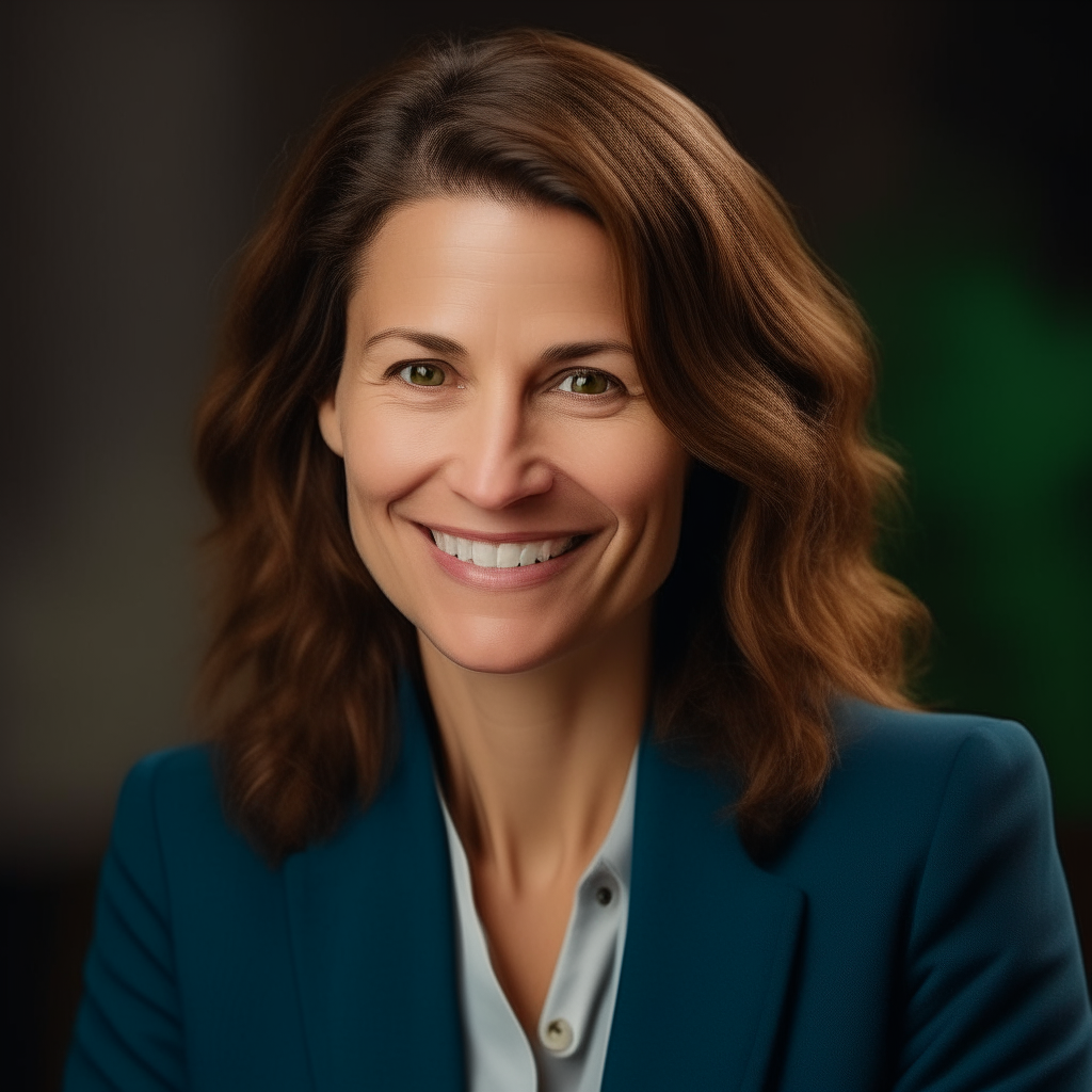 a portrait of a 35-40 year old woman, shoulder length brown hair, green eyes, wearing a blue blazer and white blouse, smiling