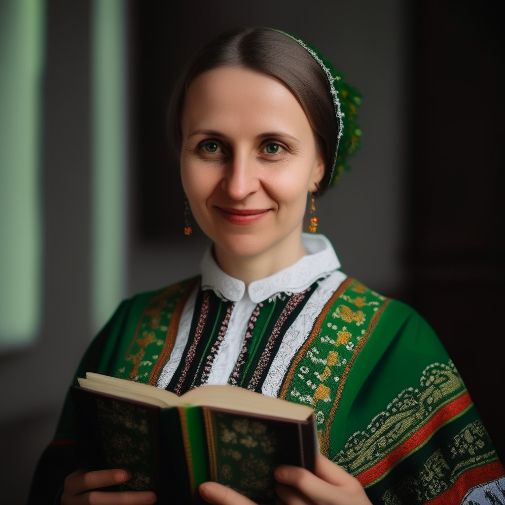 a portrait of a 35-40 year old Polish woman with light brown hair and green eyes, wearing a traditional Polish folk dress with floral embroidery and holding a book. She is smiling and has the position of director, dean and founder of the European Academy.