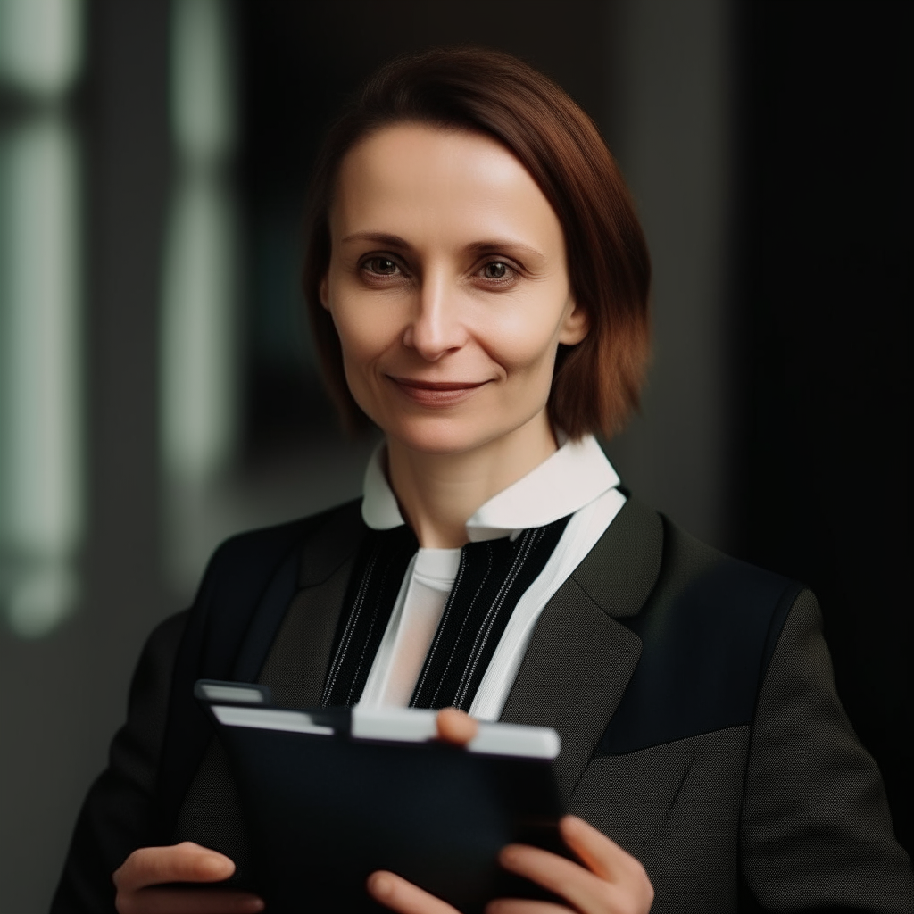 a portrait of a 35-40 year old Polish woman with light brown hair and green eyes, wearing a black pantsuit, white blouse and holding a tablet computer. She is smiling and has the position of director, dean and founder of the European Academy.