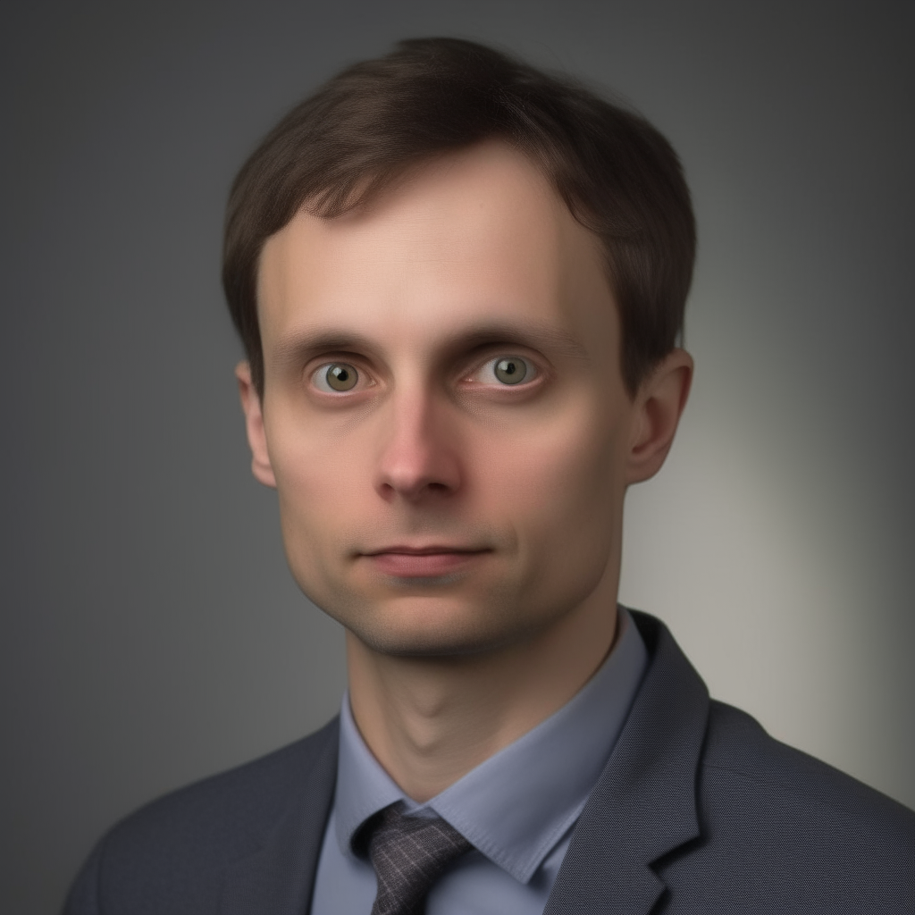 a portrait of a 30-35 year old man with short brown hair and blue eyes, wearing a button-down shirt and tie. He has the position of assistant and historic teacher at the European Academy.