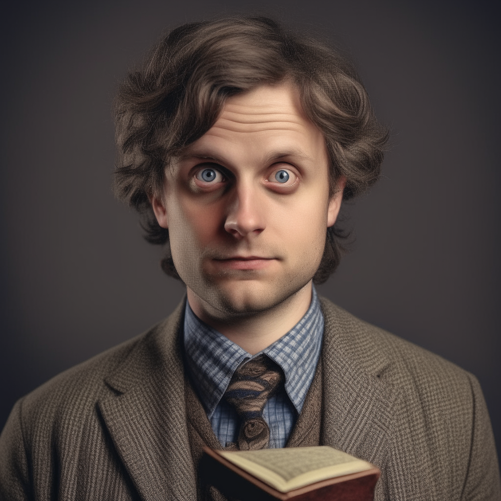a portrait of a 30-35 year old European man with stylishly tousled brown hair and blue eyes. He wears a tweed jacket, button-down shirt and patterned tie, holding an old book. As an assistant and historic teacher at the European Academy, he has a cool, intellectual style.