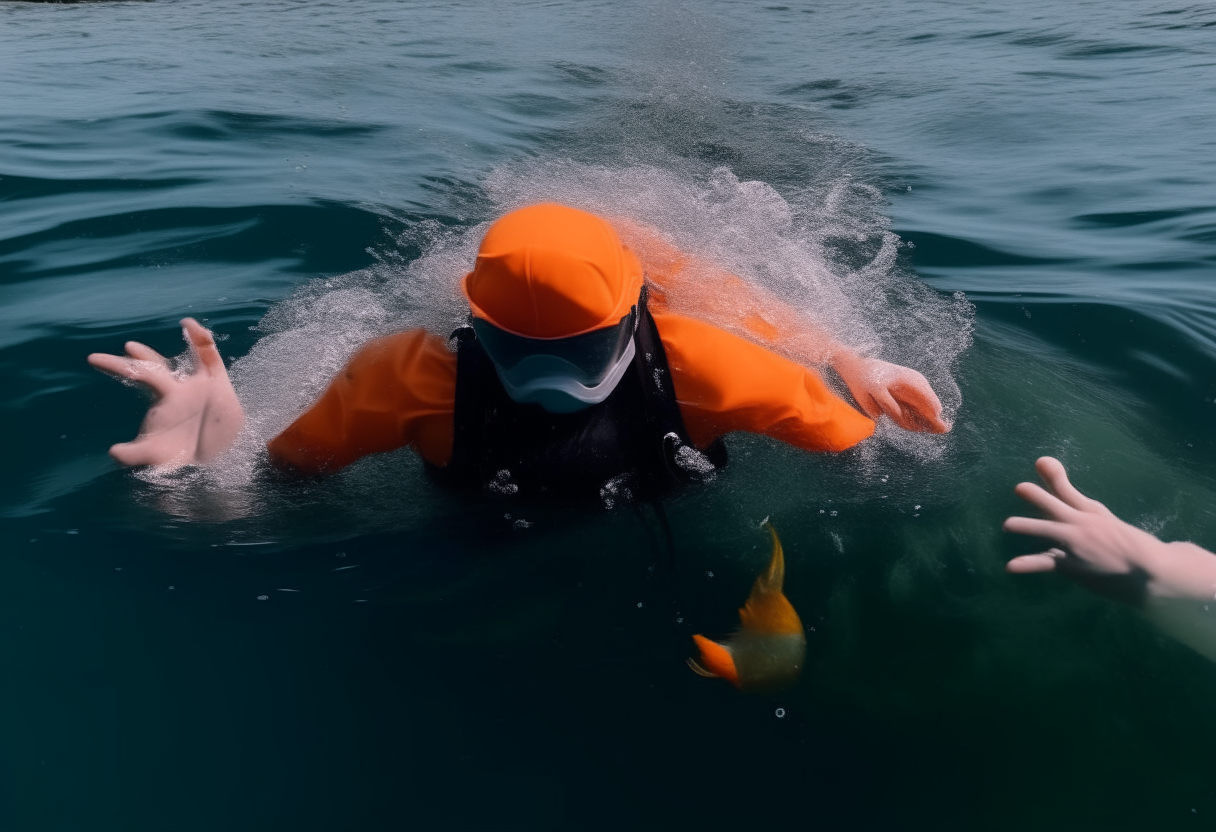 A person in an orange life jacket is seen underwater, slowly transforming into a fish