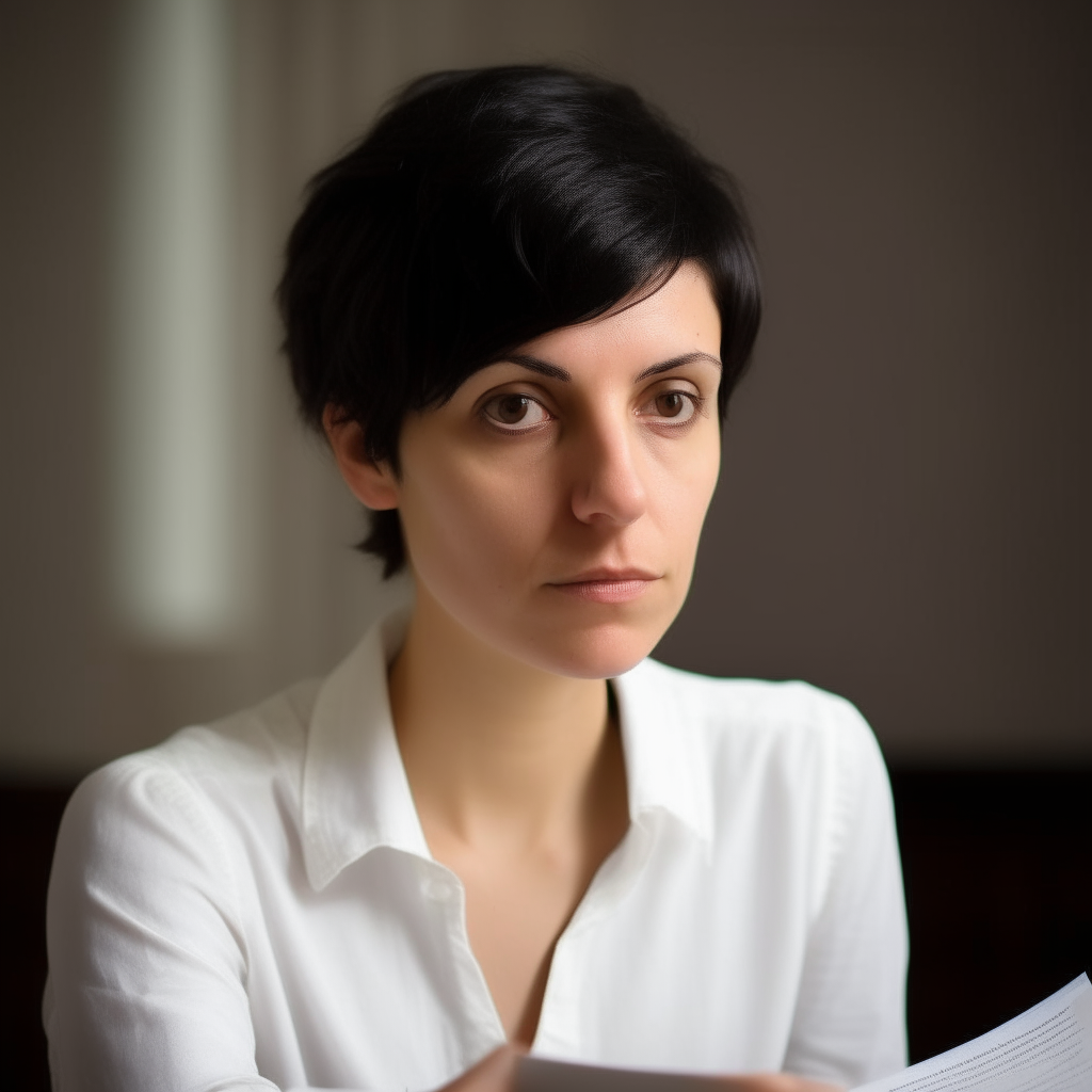 a portrait of a 30 year old French woman with short black hair and brown eyes. She wears a white blouse and has a cute but strict expression as she reviews paperwork. She works as an administration worker at the European Academy.