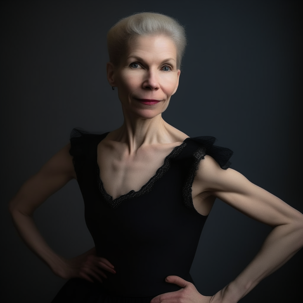 a portrait of a 50-55 year old woman with blonde hair pulled back and blue eyes. She wears a black leotard and skirt with ballet slippers, posing gracefully yet strictly as a classical dance teacher at the European Academy.