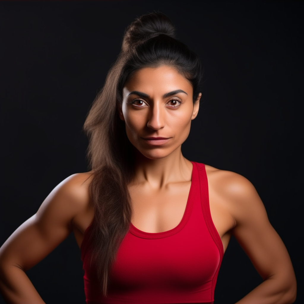 a portrait of a 25-30 year old woman with dark hair, brown eyes and tan skin. She wears a red crop top, leggings and sneakers, striking a rebellious pose as a teacher of modern dance with Latin American style at the European Academy.