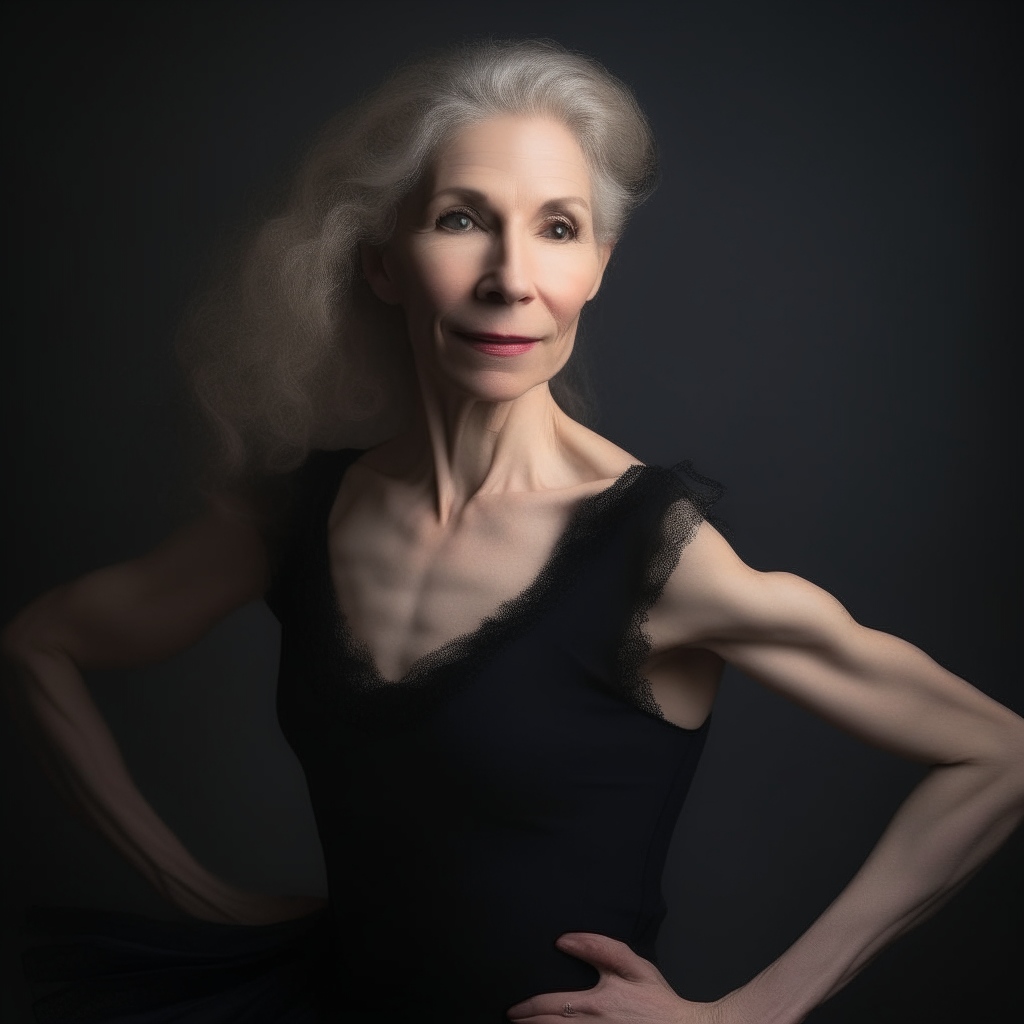 a beautiful portrait of a graceful 50-55 year old woman with flowing blonde hair and sparkling blue eyes. She wears a form-fitting black leotard and skirt with ballet slippers, posing elegantly as a classical dance teacher at the European Academy.