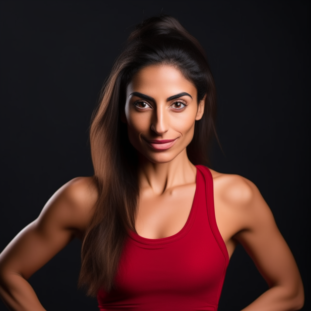 an alluring portrait of a vibrant 25-30 year old woman with flowing dark hair, radiant brown eyes and tan skin. She wears a figure-hugging red crop top and leggings, striking a confident pose as a teacher of modern dance with Latin American flair at the European Academy.