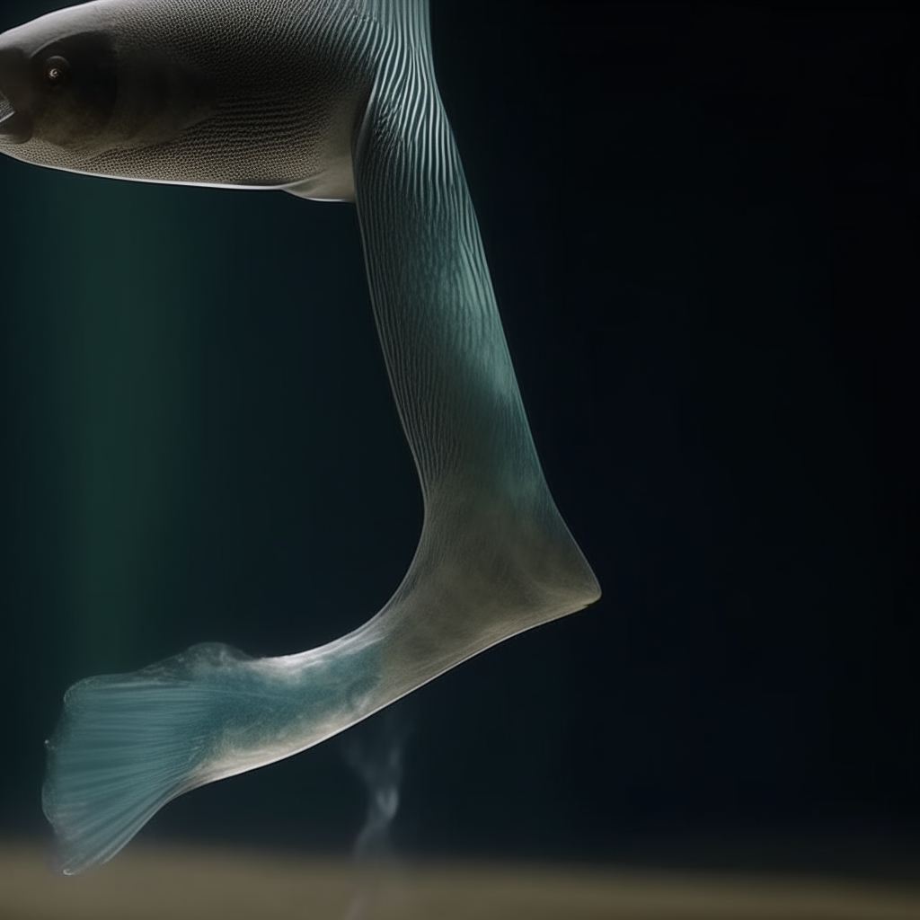 A close-up side view of a human leg gradually transforming into a fish tail through magical animation effects