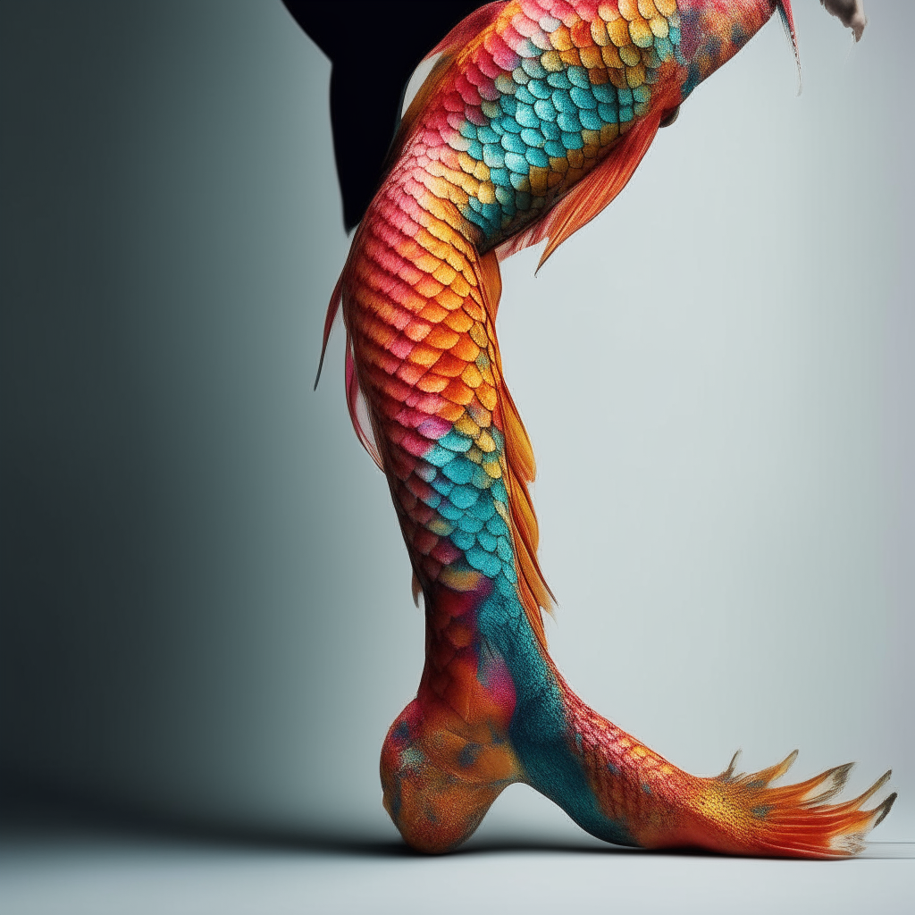 From the front, a person's legs blend together and elongate to form a colorful scaly fish tail through artistic morphing