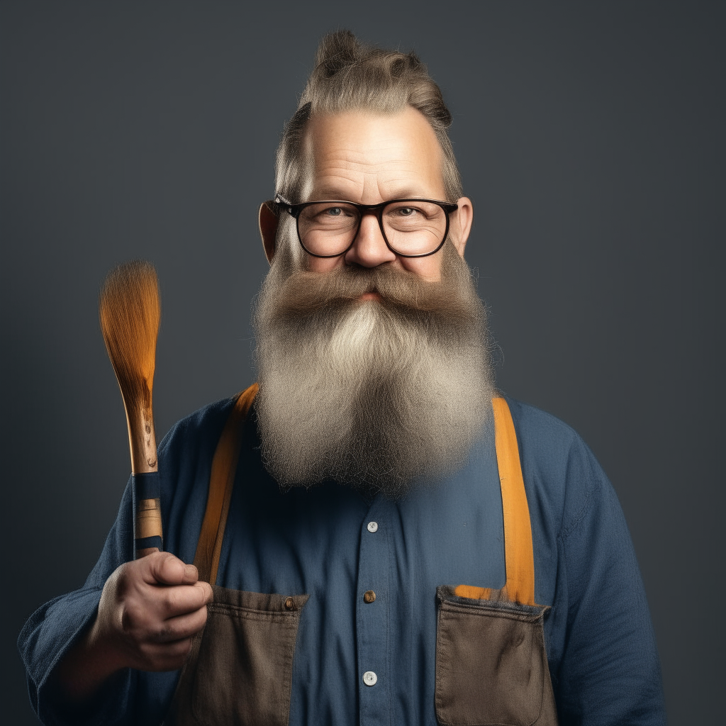 a portrait of a 45-50 year old German man with a large build, full beard and glasses. He wears a smock and holds a paintbrush, portraying his role as an art teacher at the European Academy.