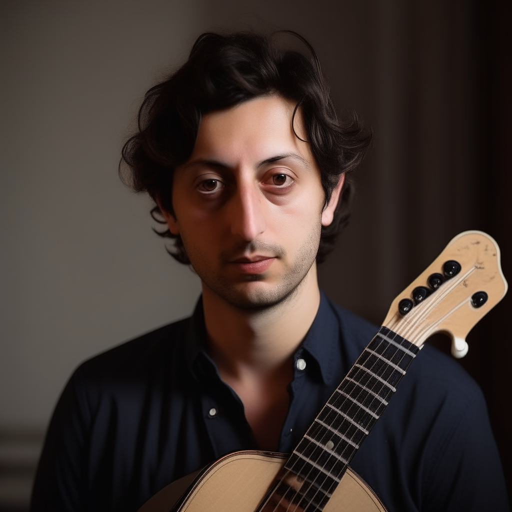 a portrait of a charming 30-35 year old Italian man with dark hair and eyes, wearing a button-down shirt with the sleeves rolled up. He holds a guitar to showcase his talent as a young, attractive music teacher at the European Academy.