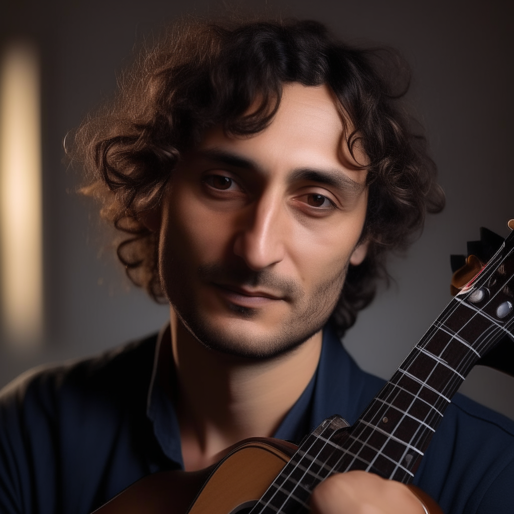 a portrait of a charming 30-35 year old Italian man with wavy dark hair, piercing brown eyes and chiseled features. He wears a fitted button-down shirt as he plays his guitar, showcasing his talent and good looks as a music teacher at the European Academy.