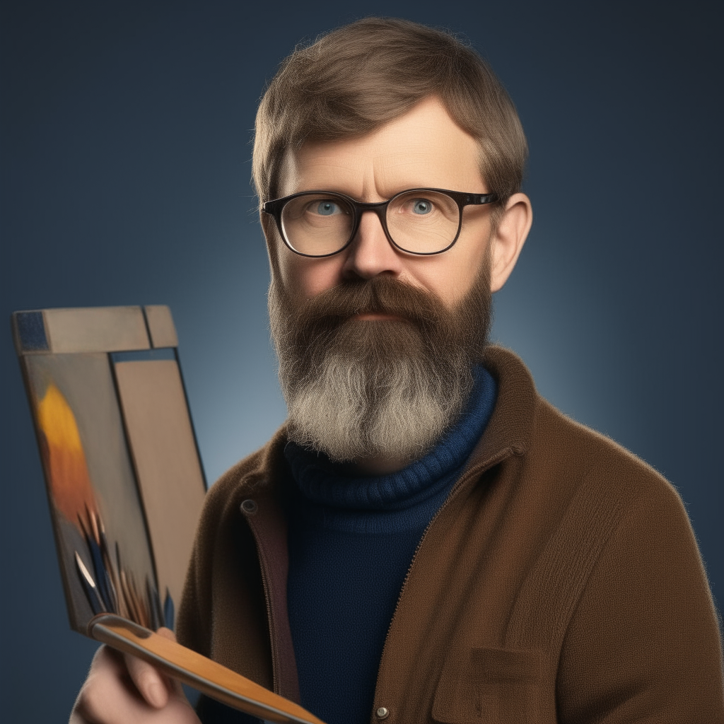 a portrait of a 45-50 year old German man with short brown hair and blue eyes, wearing rectangular glasses. He has a full beard and mustache and wears a brown turtleneck sweater and jeans. He holds a paintbrush and palette, portraying his role as an art teacher at the European Academy.