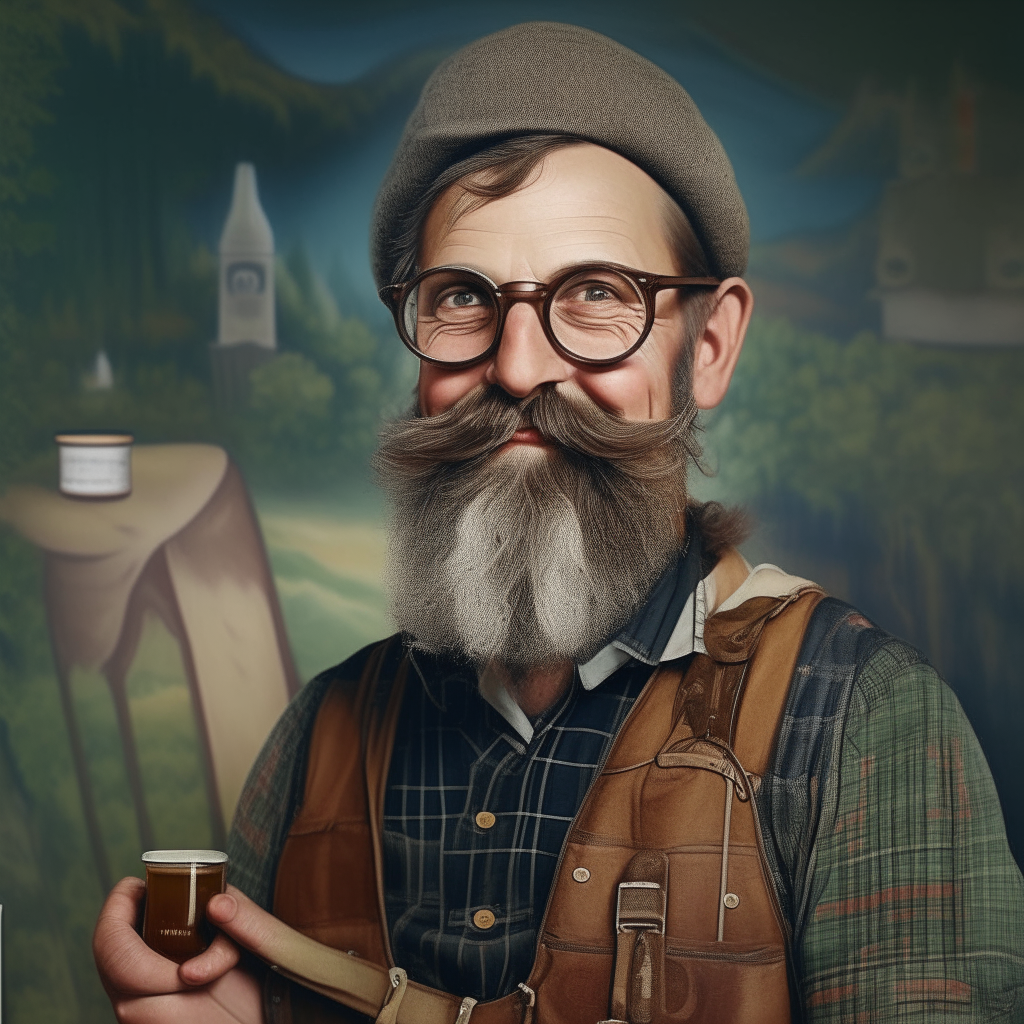 a portrait of a 45-50 year old German art teacher wearing lederhosen shorts, a checked shirt and vest, glasses and holding a stein of beer. He has a full beard and mustache and stands in front of a Bavarian landscape mural.