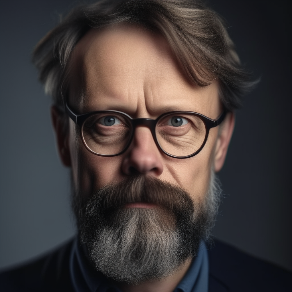 a headshot portrait of a 45-50 year old German man with short brown hair, blue eyes behind rectangular glasses and a full beard and mustache. He has prominent cheekbones and a serious expression, portraying his role as an art teacher.