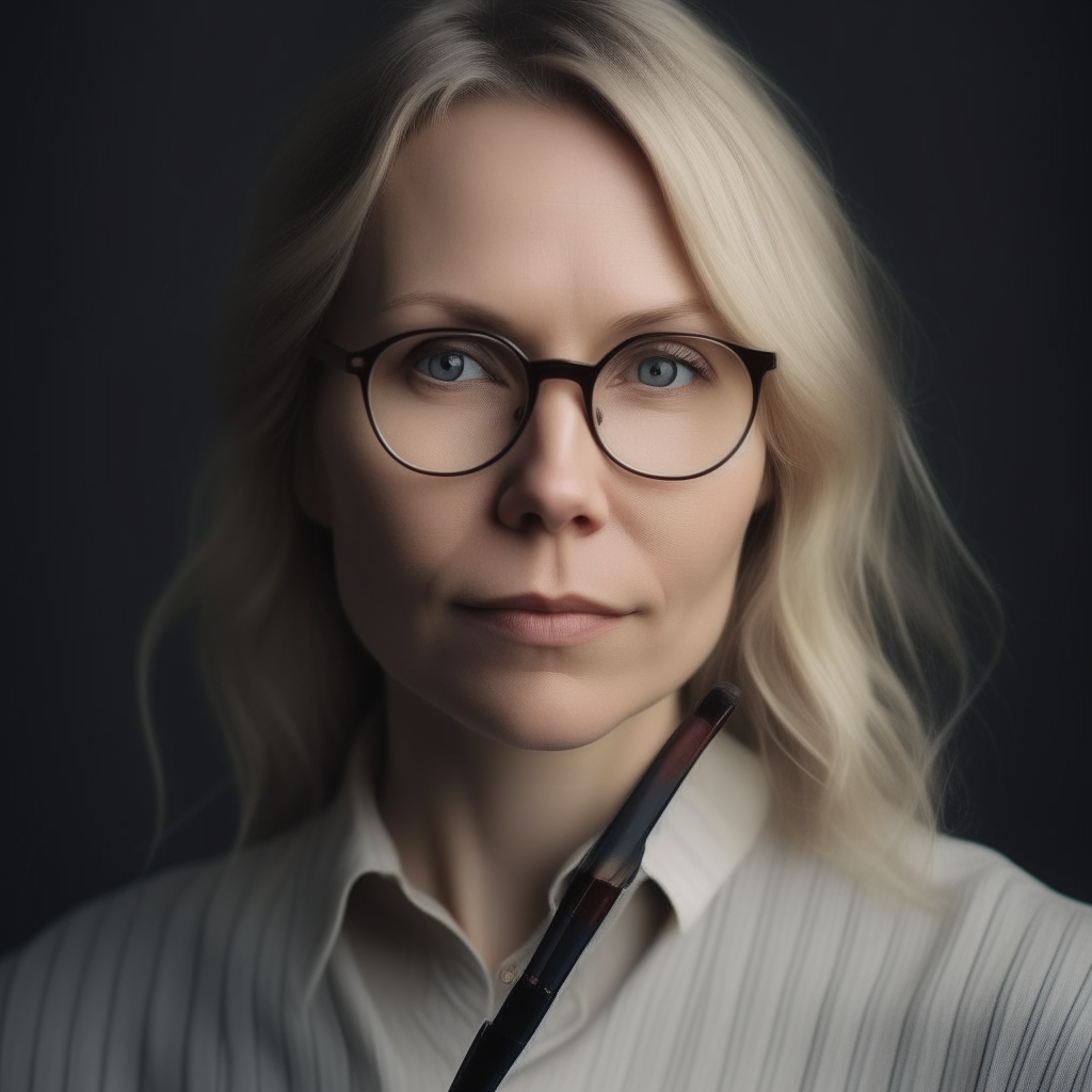 a portrait of a 35-40 year old Slavic woman with blonde hair and blue eyes wearing glasses. She holds a notebook and pen.