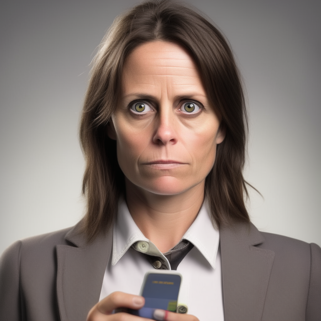 a portrait of a stern-looking 40-45 year old British woman with brown hair and eyes. She holds a notepad and press badge.